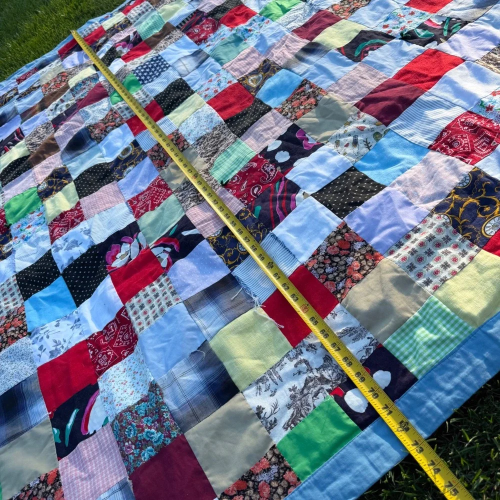 Handmade Patchwork Quilt Vintage Scrapyard Multi Color Blue Border 94x75 Throw